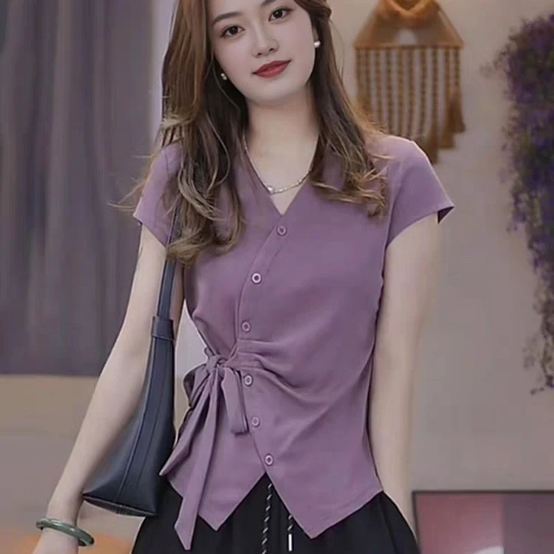 法式小方领显瘦收腰上衣女百搭时尚T恤2025夏季新款褶皱绑带小衫