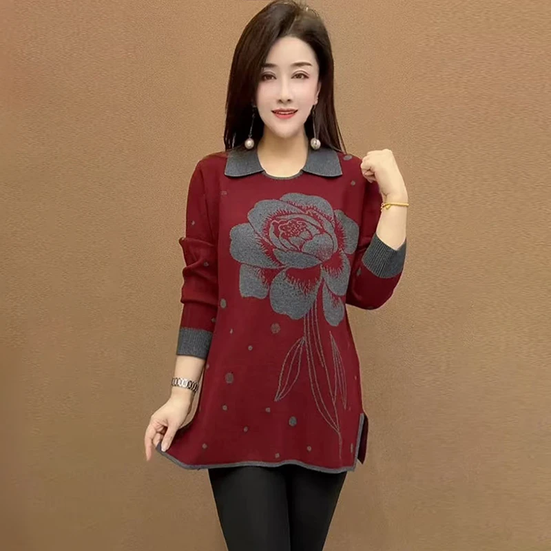 高端翻领印花大版衫毛衣女宽松加大码胖妈妈打底衫洋气遮肚针织衫