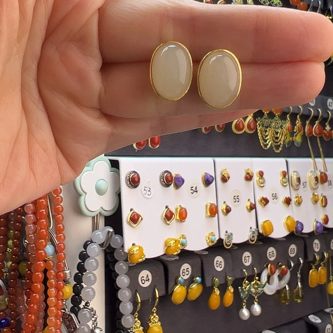 和田玉未镶嵌耳饰通体纯银天然和田玉耳钉