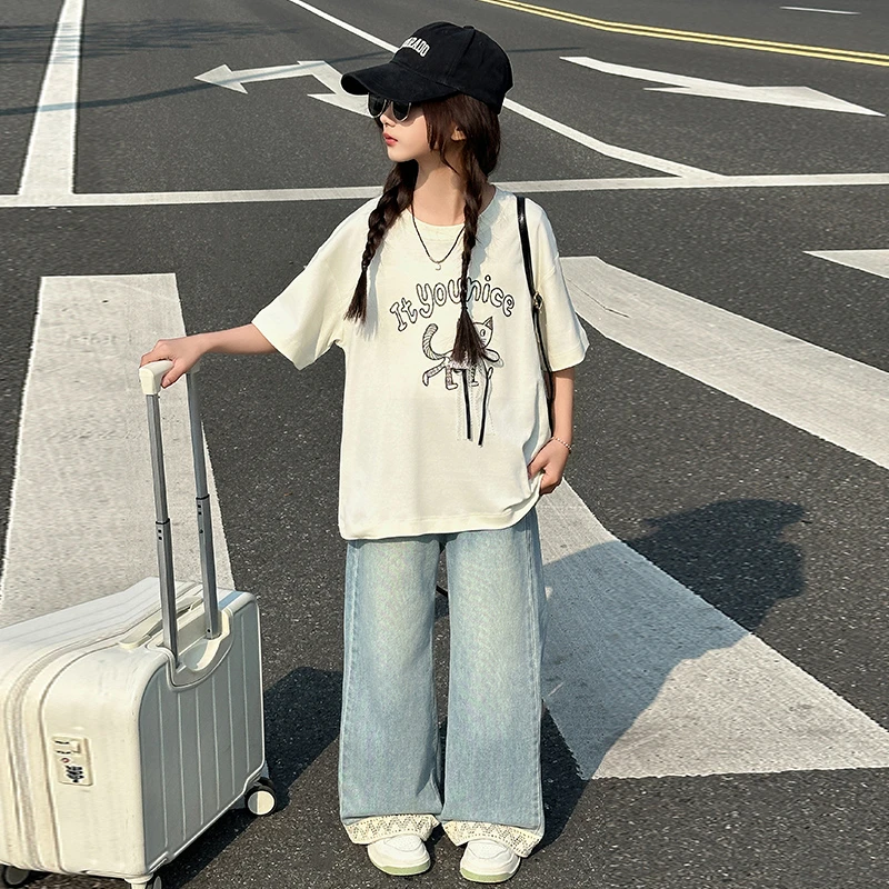 女童夏装短袖套装2025新款儿童洋气休闲宽松夏季大童牛仔裤两件套