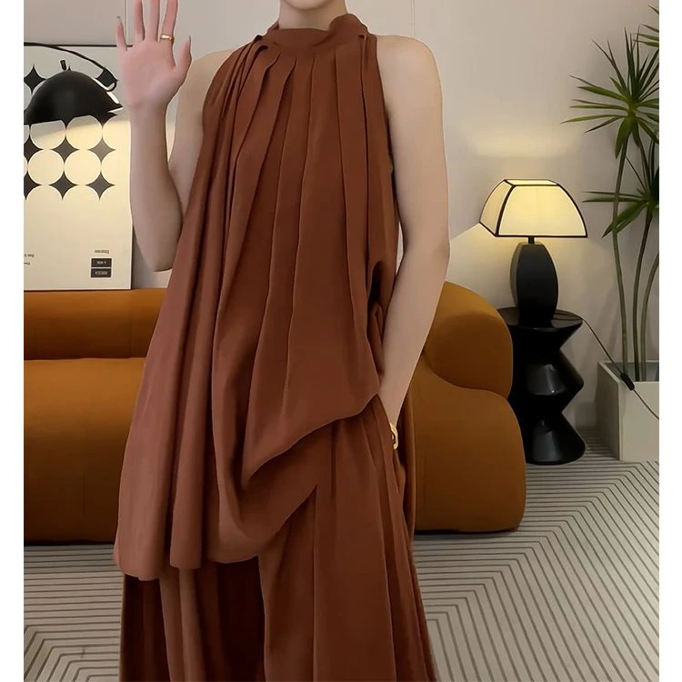 女装夏装搭配一整套时尚套装穿搭时髦洋气咖色绑带衬衫阔腿裤