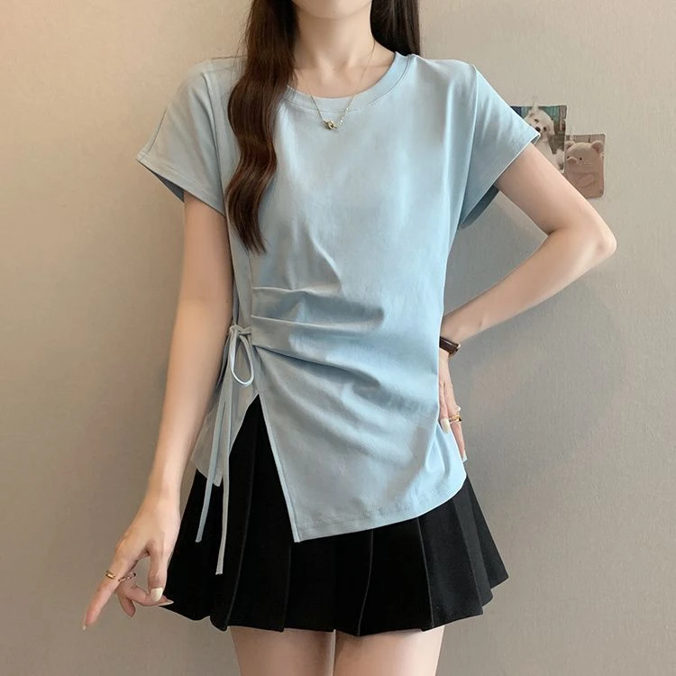 棉质胖MM不对称圆领短袖夏季新辣妹小众开叉绑带宽松显瘦T恤上衣
