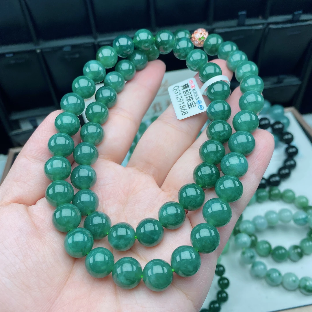 QG12天然A货翡翠珠卡12m男女老坑满色冰绿天空蓝水大卡11项链