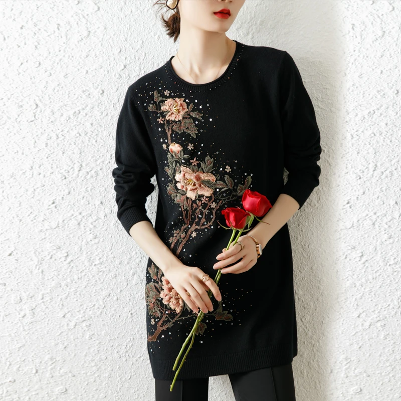 亿喜绣秋冬中年妈妈打底毛衣高端羊毛中长款绣花洋气上衣92103