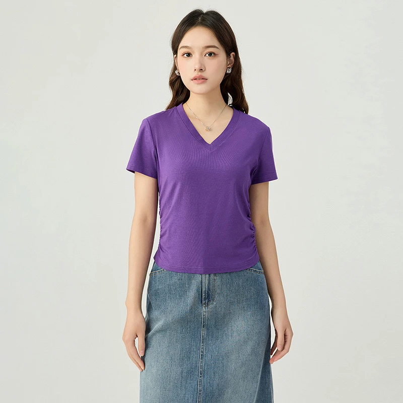 哥弟新款女装时尚简约百搭气质V领侧边收褶纯色短袖T恤女1300888