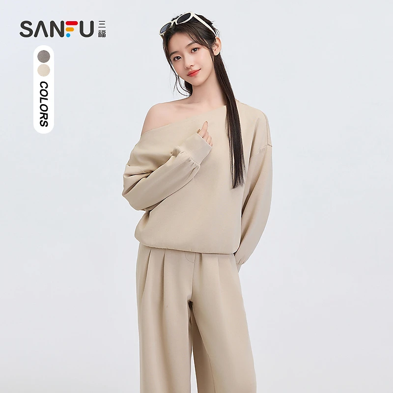 三福时尚套装2025春季斜肩露肩设计卫衣休闲裤两件套女装498377