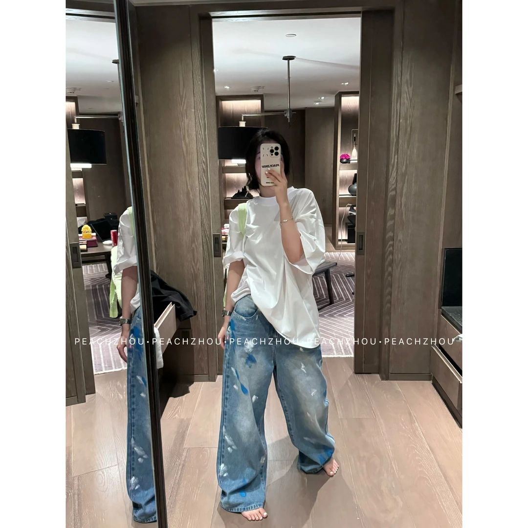 『PEACHZHOU』彩色擦漆水洗磨白宽松直筒牛仔裤街头休闲时髦阔腿裤