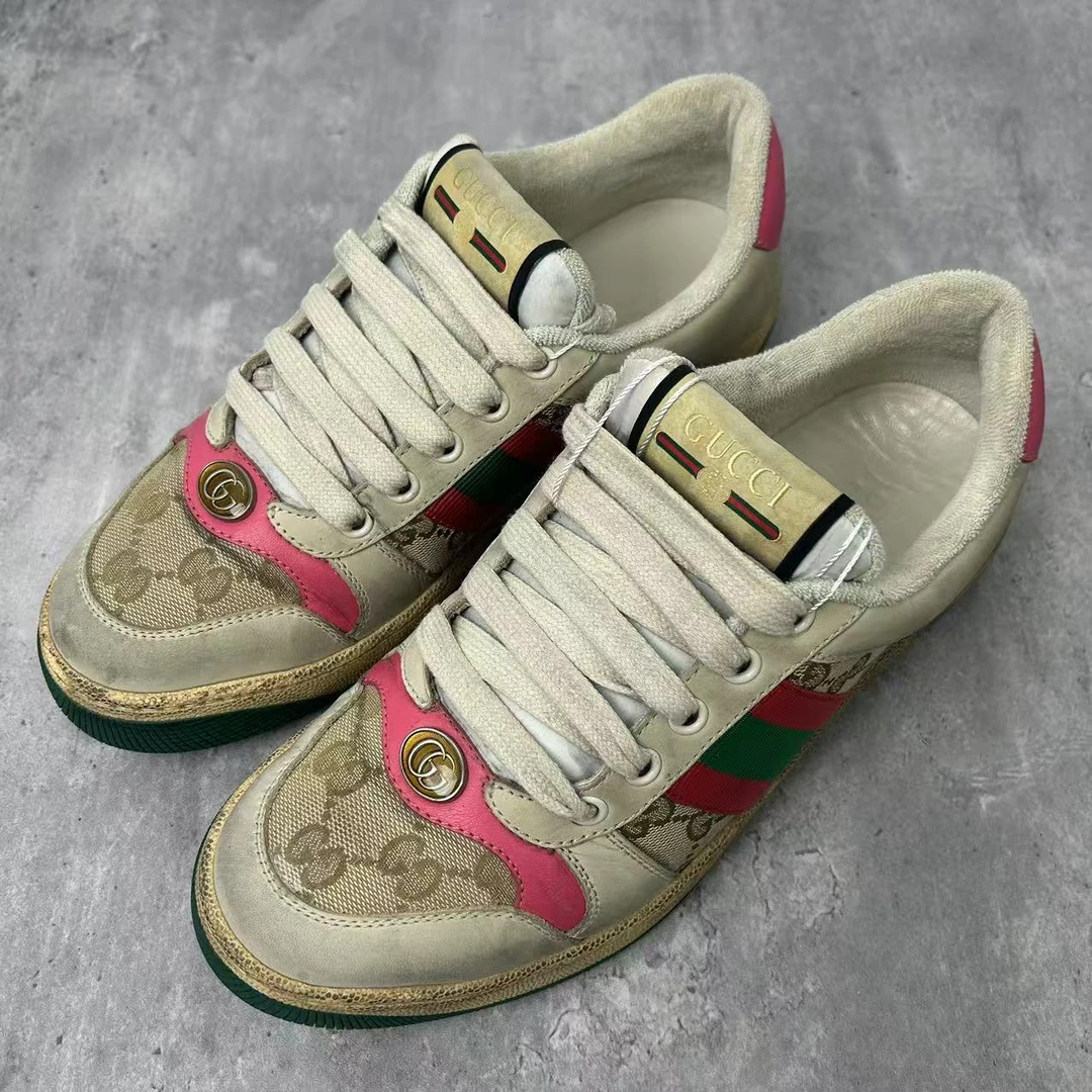 95新 GUCCI/古驰 37.5码/仔仔女鞋/粉色棕老花双G脏脏鞋 xxs1163