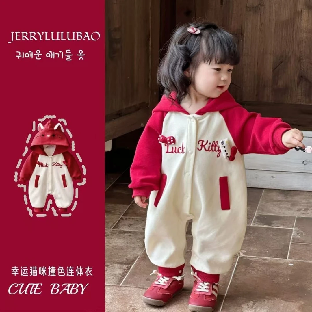婴儿连体衣秋季哈衣可爱女宝宝韩版新款卡通长袖满月连帽外出爬服
