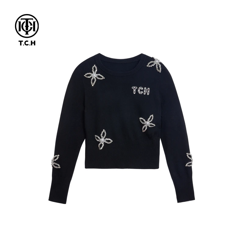 TCH 氛围感烫钻圆领黑色百搭显瘦短款套头毛衣女针织衫T72C098029