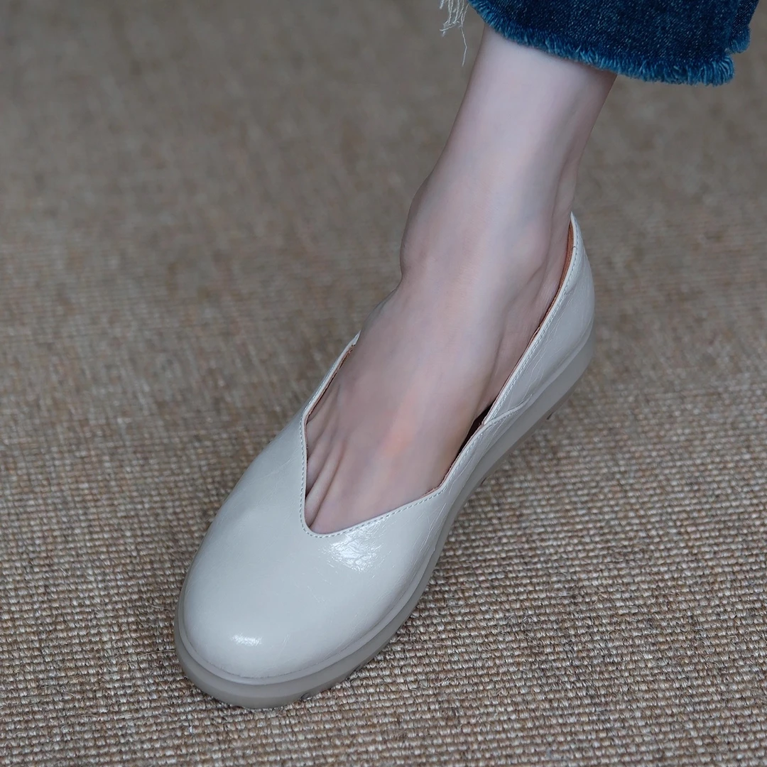 MENEER-M2025新款真皮轻便平底奶奶鞋圆头单鞋女厚底乐福鞋小皮鞋