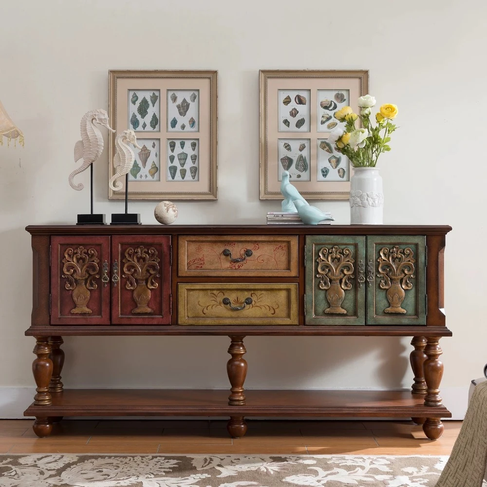 美式轻奢茶几设计款客厅实用实木手工彩绘兽脚鎏金边工厂