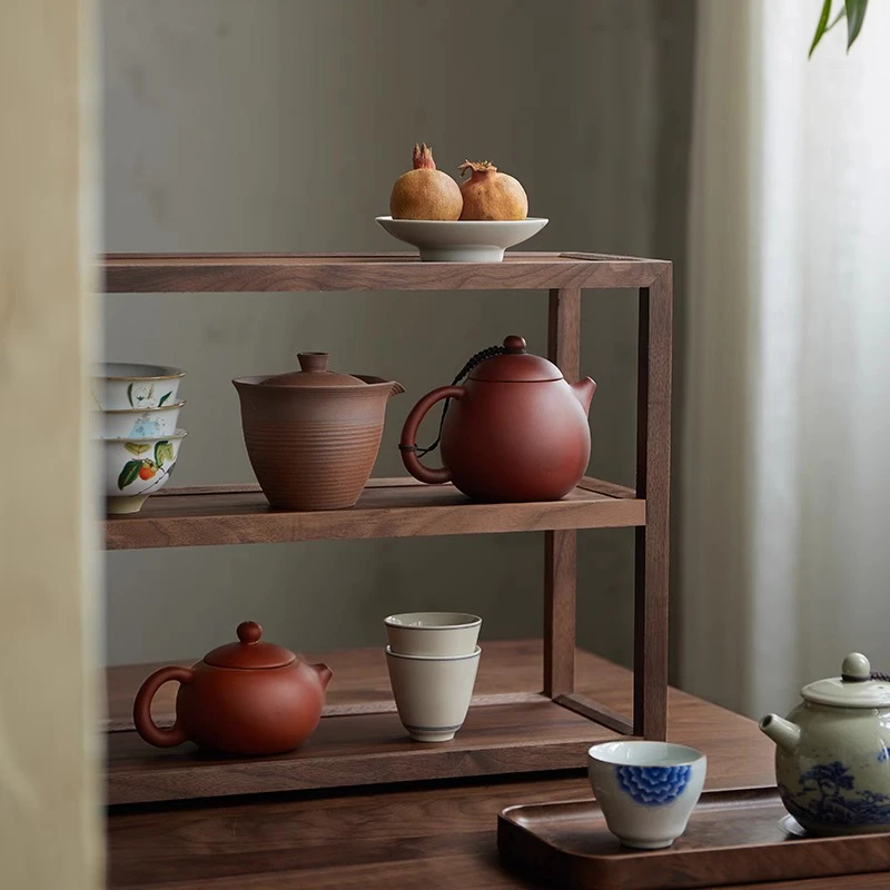 置物架子胡桃木南美三层茶具家用博古架轻奢简约收纳架展示架茶具