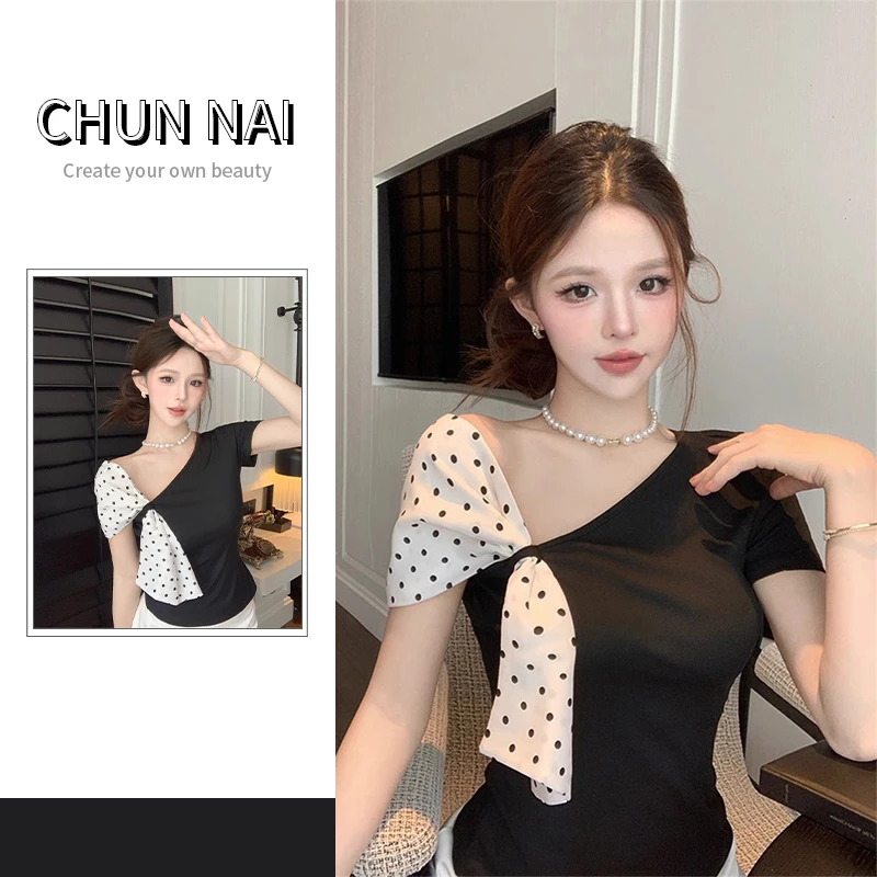 显瘦斜领上衣温柔风波点韩版ins短袖修身设计露肩夏季新款小众T恤