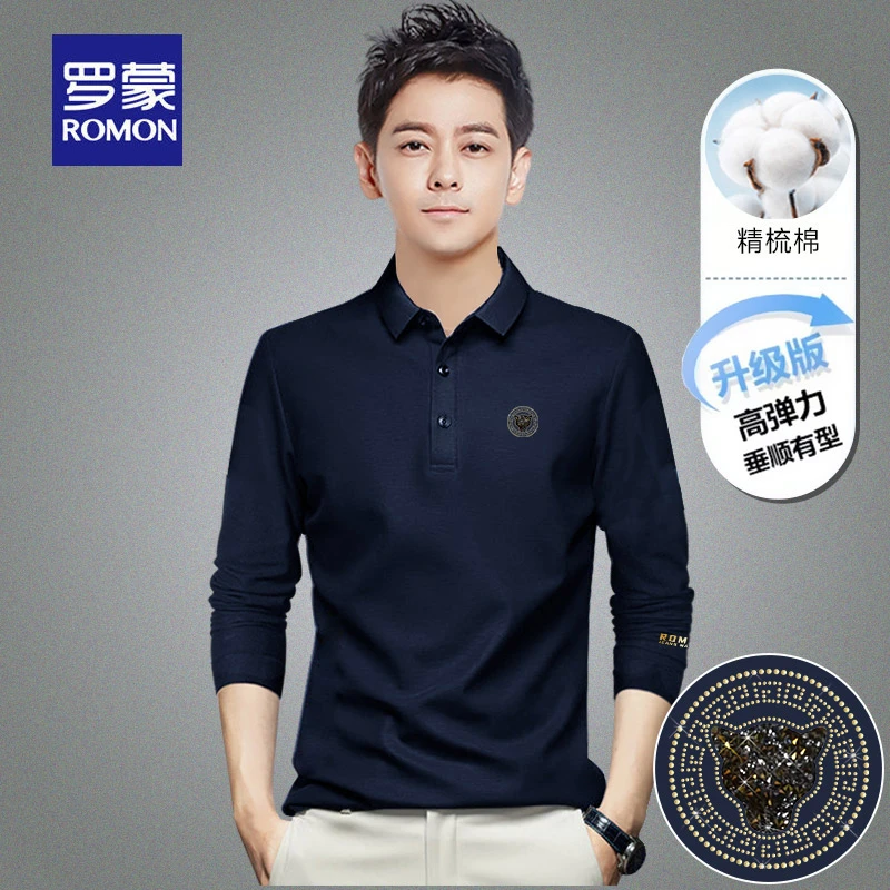 罗蒙长袖polo衫男士春秋季2025新款运动宽松商务中年翻领T恤黑色