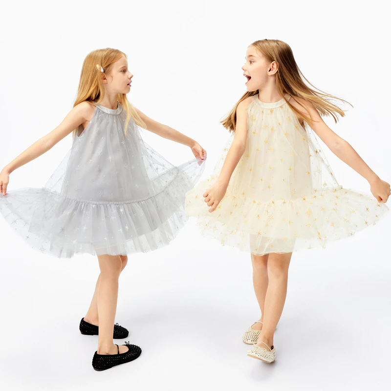 littlemoco童装25夏新款女童无袖挂脖露肩网纱连衣裙礼服演出服