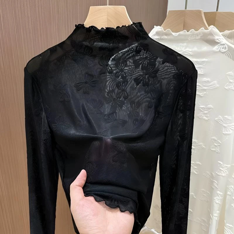秋冬新款蝴蝶提花半高领秋冬木耳边网纱叠穿女蕾丝打底内搭