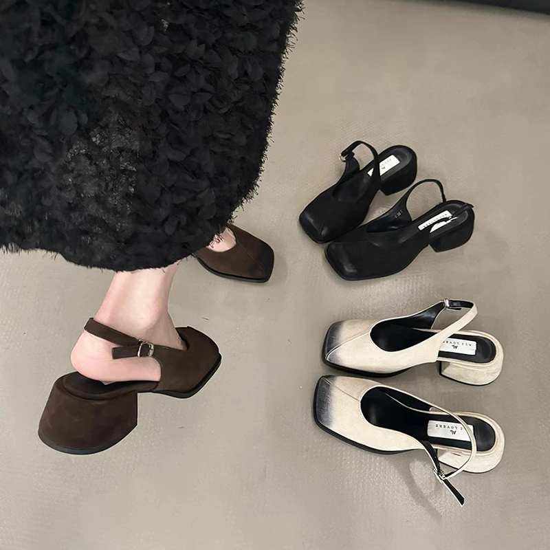 法式韩版方头粗跟包头凉鞋女鞋子2025百搭春夏季气质复古高跟单鞋