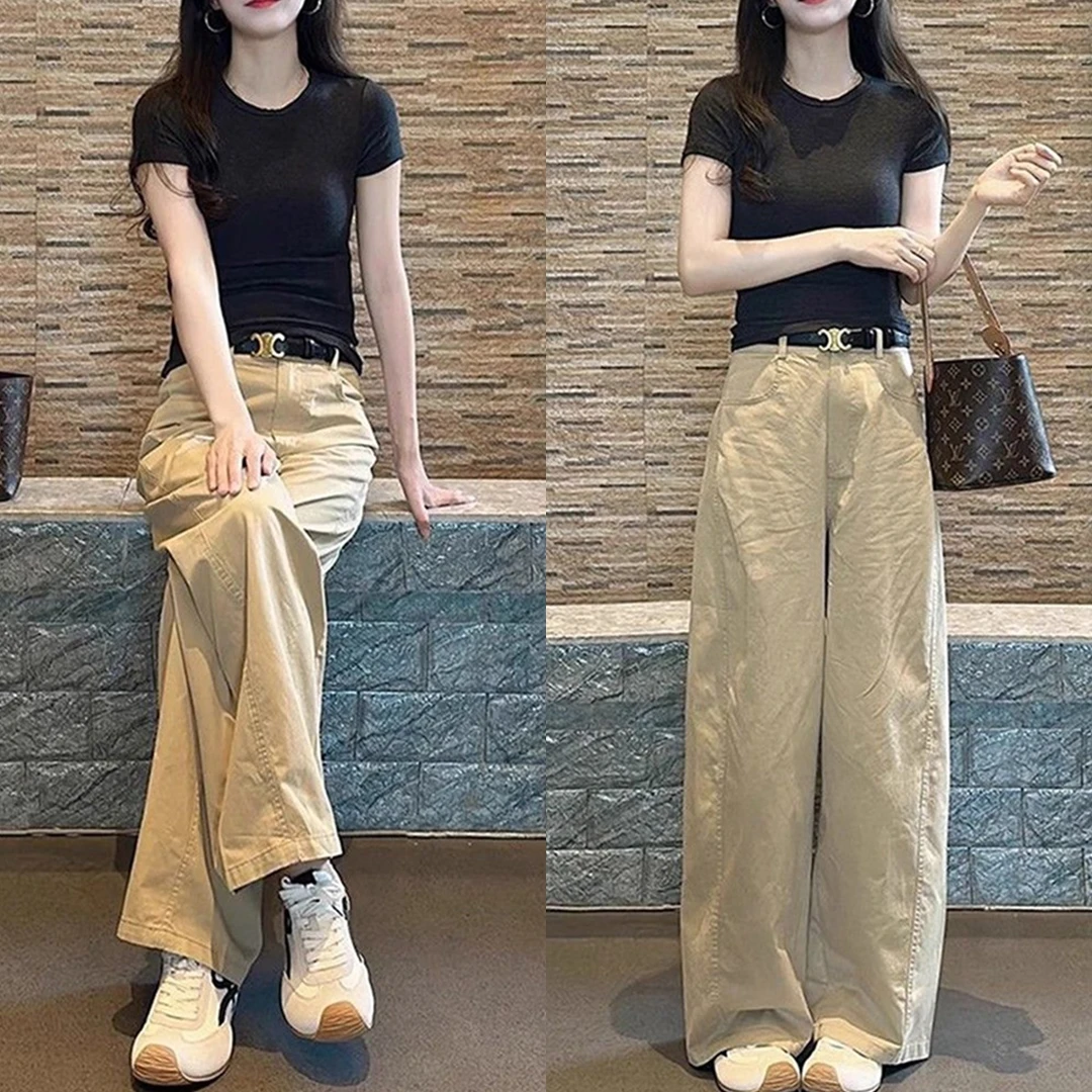 修身显瘦黑色短袖T恤上衣高腰直筒阔腿休闲裤长款气质两件套装女