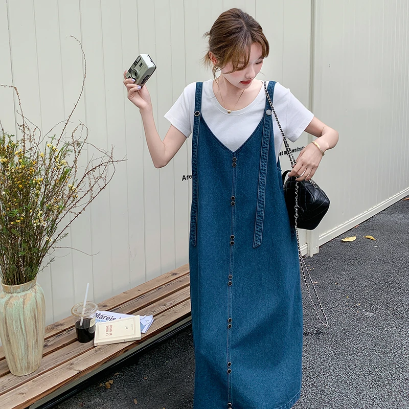 复古牛仔背带连衣裙套装女2025夏季新款韩系休闲宽松显瘦A字长裙