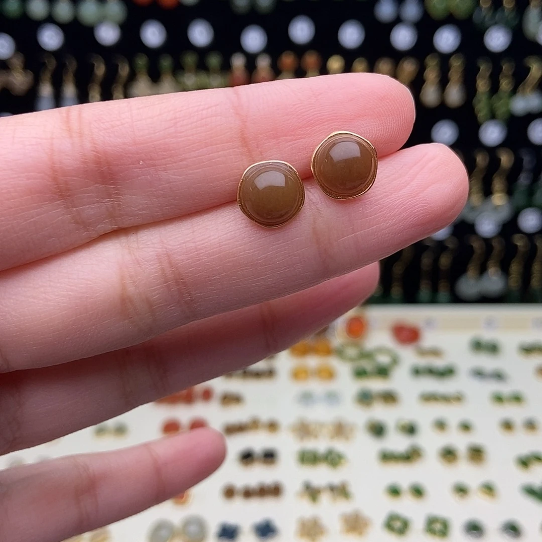 和田玉银S925镀金镶嵌耳饰