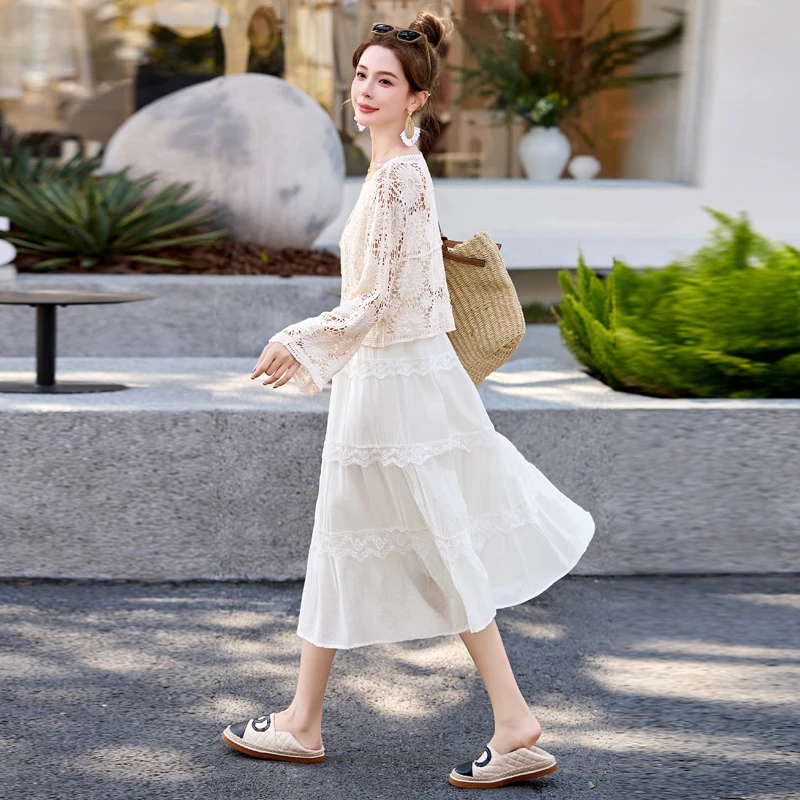 法式针织镂空开衫连衣裙两件套装女夏季度假显瘦长裙子穿搭一整套