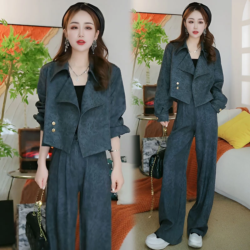 时尚扎染套装2025春秋时髦显瘦气质短高腰阔腿裤两件套