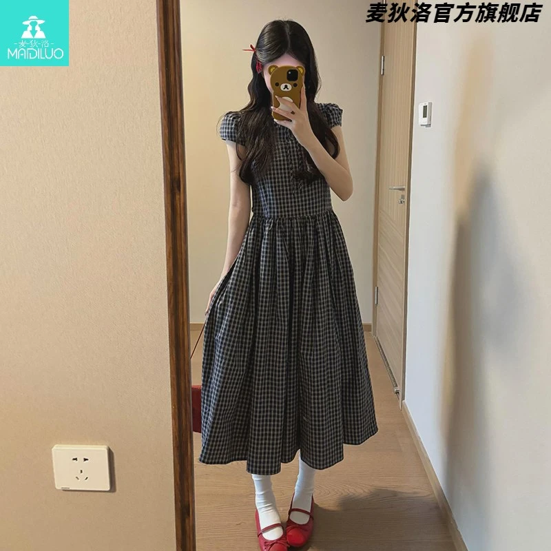 2025新款法式复古格纹连衣裙子女夏季小个子穿搭气质收腰显瘦长裙