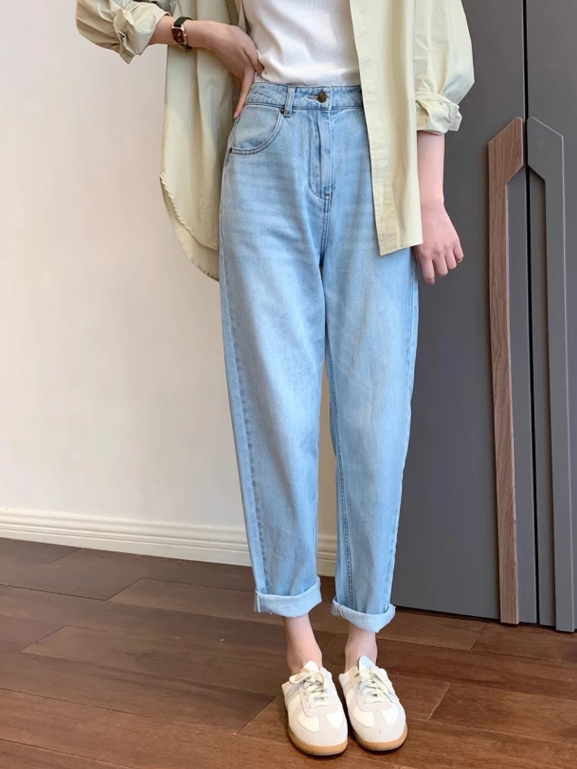 老爹牛仔裤女浅蓝盐系秋季新款高腰宽松显瘦烟管裤胖MM大码裤子