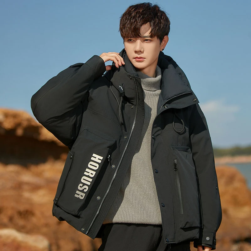 2025韩版时尚短款羽绒服男士冬季连帽加厚保暖冲锋衣工装潮流外套