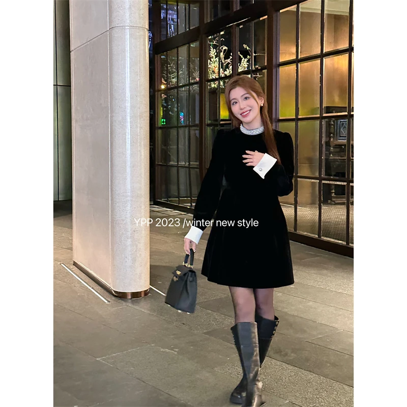 YPP！【年会战裙】自留款推荐/法式赫本风撞色立领丝绒连衣裙