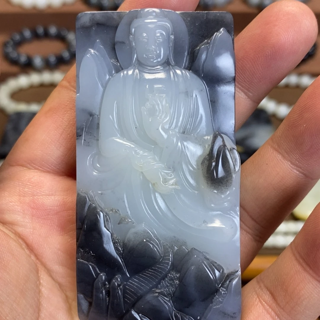 和田玉未镶嵌把件新疆和田玉青花黑白大日如来手把件