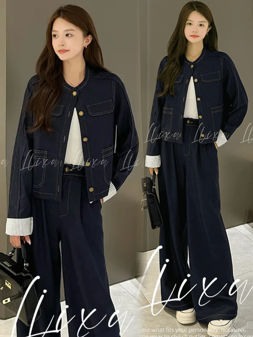 时尚复古软牛仔套装女2025秋季新款洋气显瘦撞色外套阔腿裤两件套