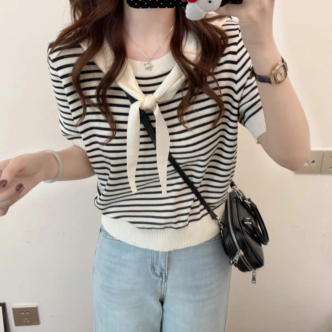 A08-温柔日常通勤风~条纹假两件短袖漂亮圆领针织衫上衣
