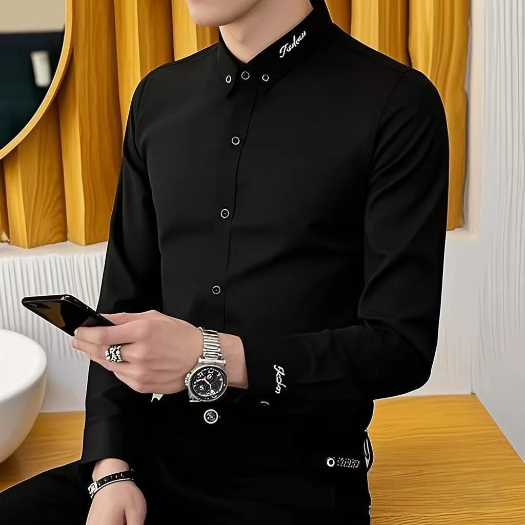春秋季休闲刺绣长袖衬衣男士弹力抗皱衬衫潮流帅气免烫刺绣衬衣男
