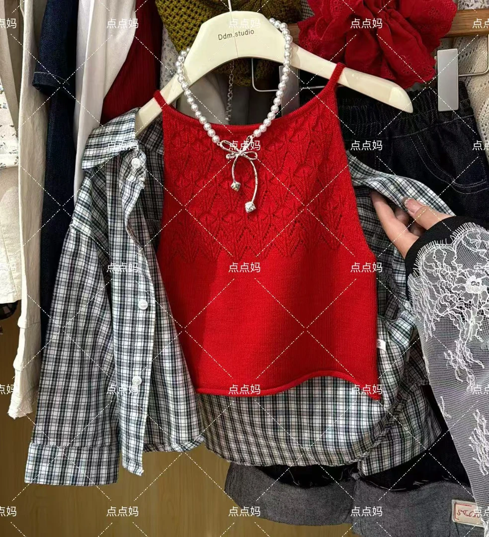 【DDM】韩版童装女童针织吊带背心红色多巴胺穿搭上衣百搭 25032