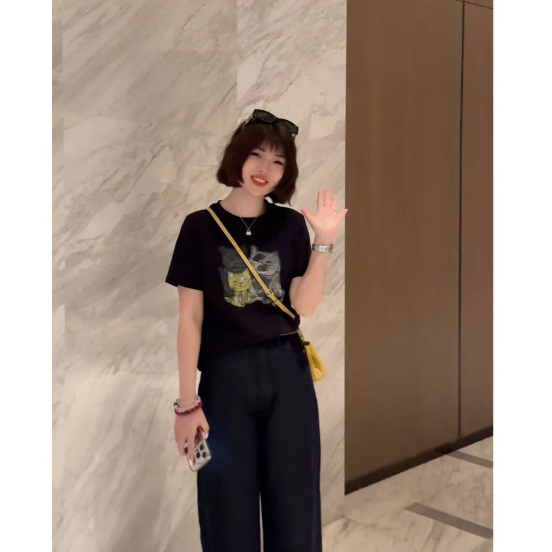 【潦草小猫T】夏季圆领涂鸦卡通休闲短袖上衣宽松时尚半袖短T恤