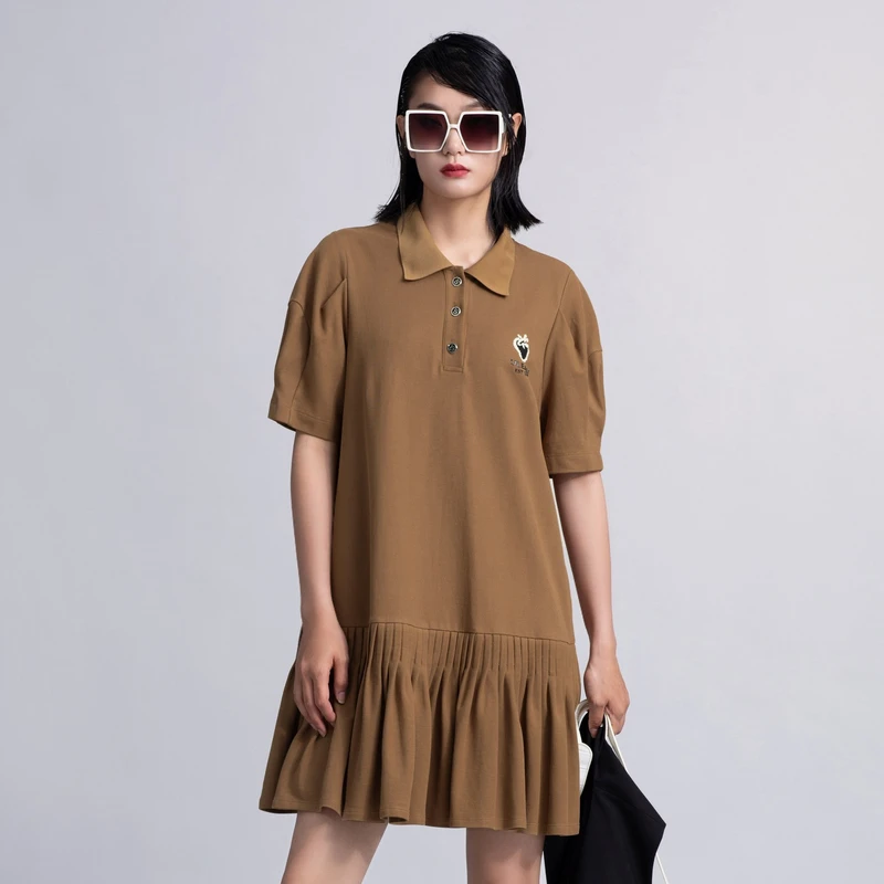 专柜新款 uti尤缇夏裙子泡泡袖连衣裙 Polo领褶皱咖色T恤裙女