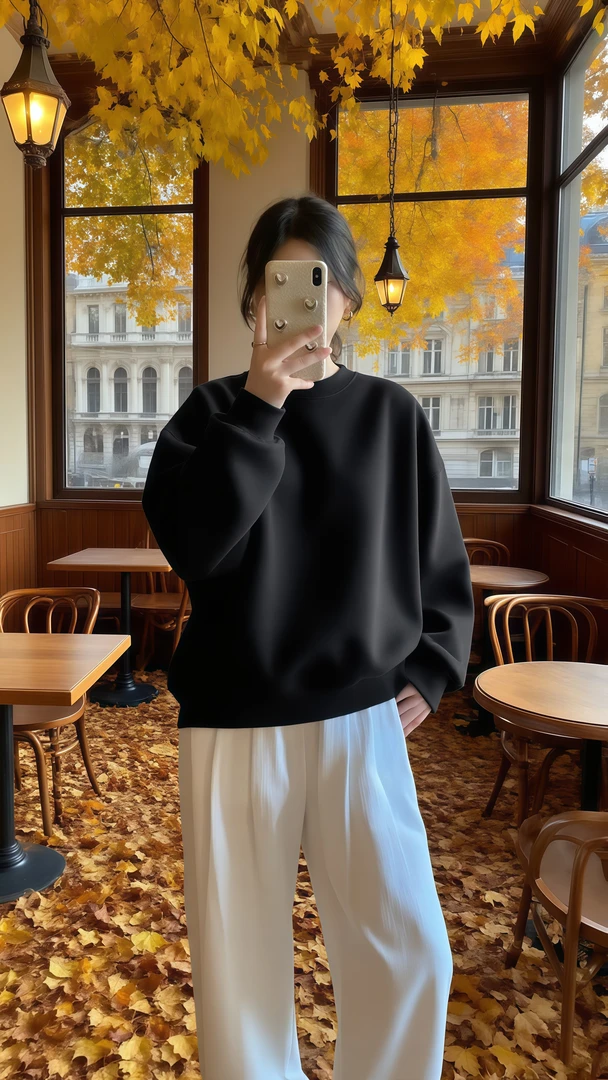 韩系慵懒风女士春秋款圆领卫衣加绒加厚黑色打底衫显瘦上衣服秋装