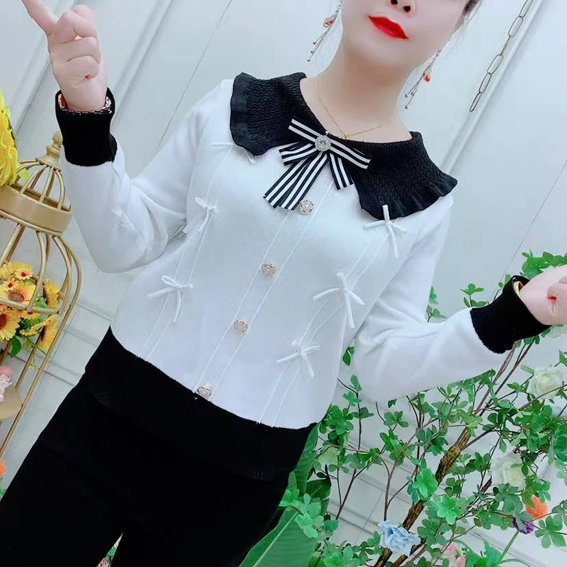 春秋新款撞色娃娃领蝴蝶结单排扣长袖纯色针织气质小香风短款上衣