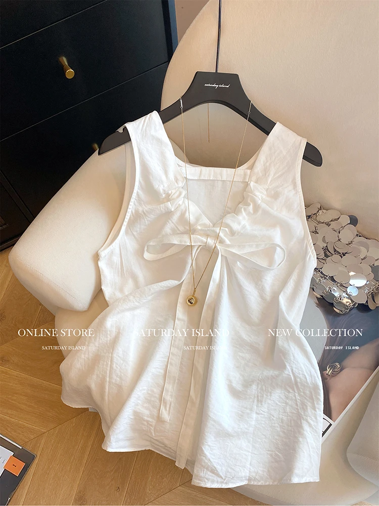 夏季2025新款蝴蝶结绑带露背纯色背心女宽松外穿百搭无袖衬衫上衣
