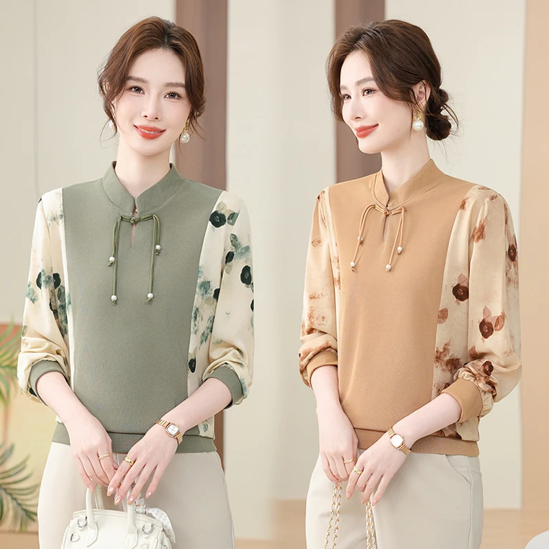 中老年妈妈长袖国风小衫新款T恤上衣时尚春秋款衣服打底衫女春装