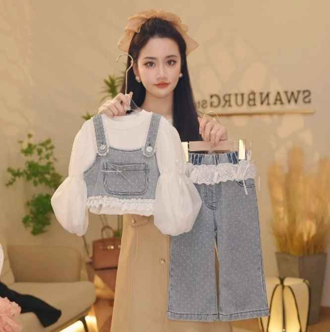 【Y.d4689】25春季女童牛仔蕾丝小背心百搭长袖阔腿裤女宝休闲套装