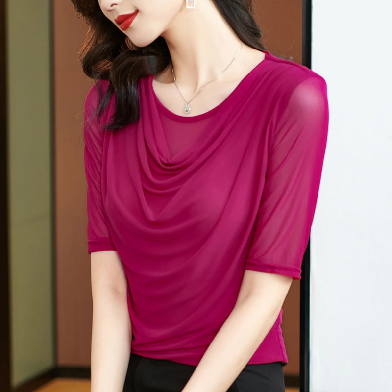2023潮流气质短袖T恤时尚网纱堆堆领时髦洋气打底衫女气质衫批发