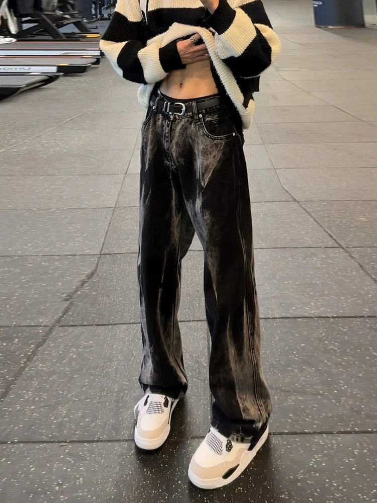 黑色扎染阔腿裤百搭牛仔裤显瘦无弹美式休闲痞帅高腰春夏秋冬款男