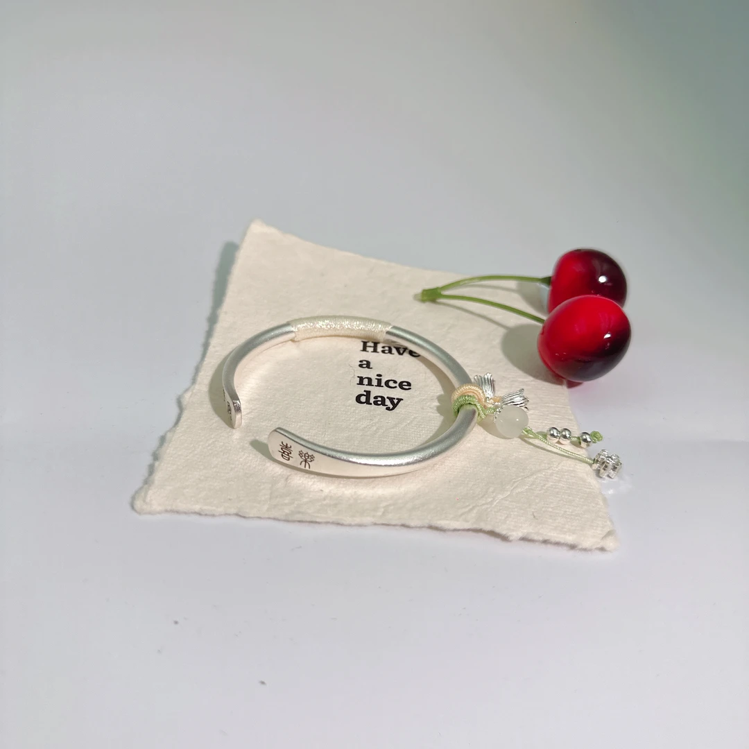 平安喜乐手镯银9999复古哑光实心开口式中国风小众简约时尚