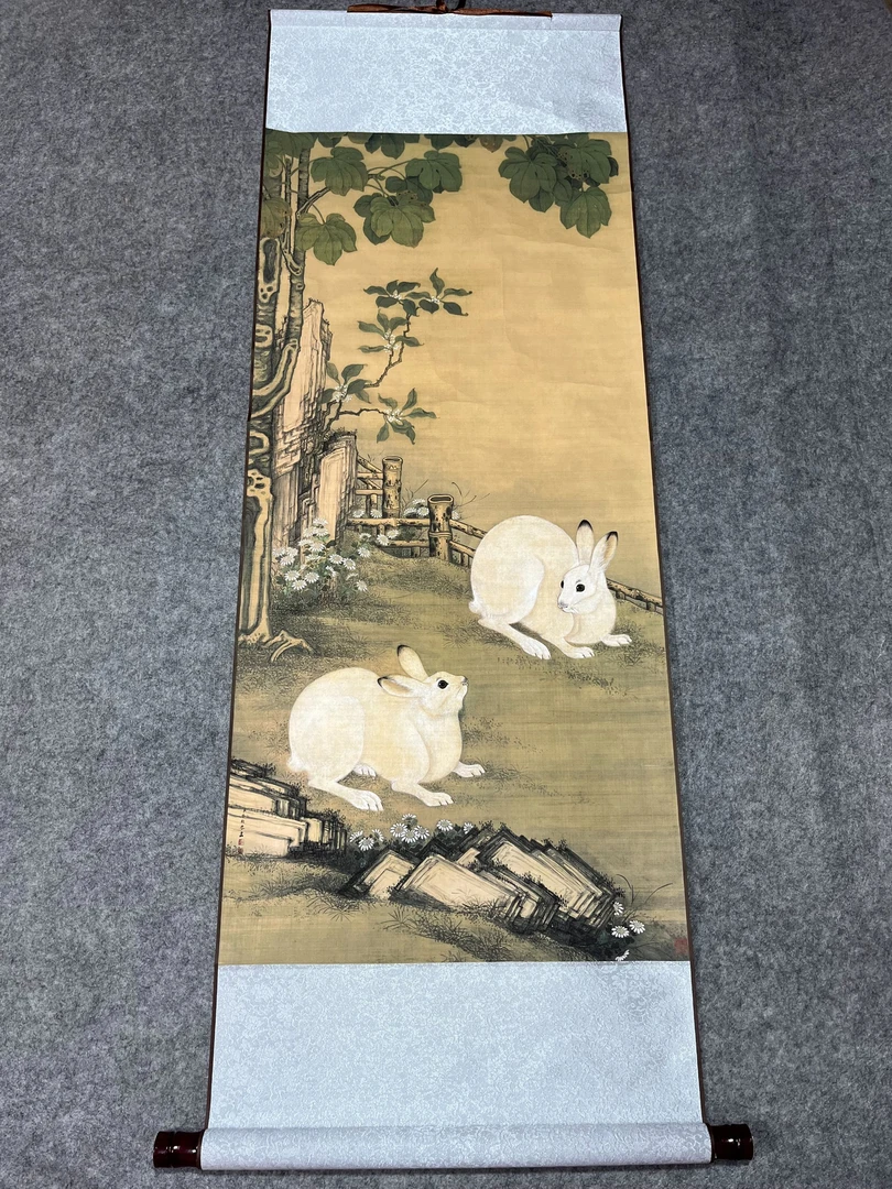 《无瞳双兔》宽45高140中式卷轴兔子白兔