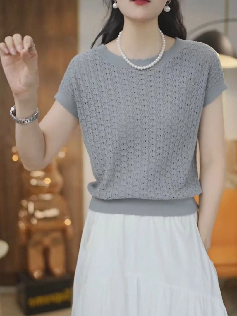 轻薄透气圆领纯色夏季镂空针织衫2025新款宽松百搭气质毛衣上衣女