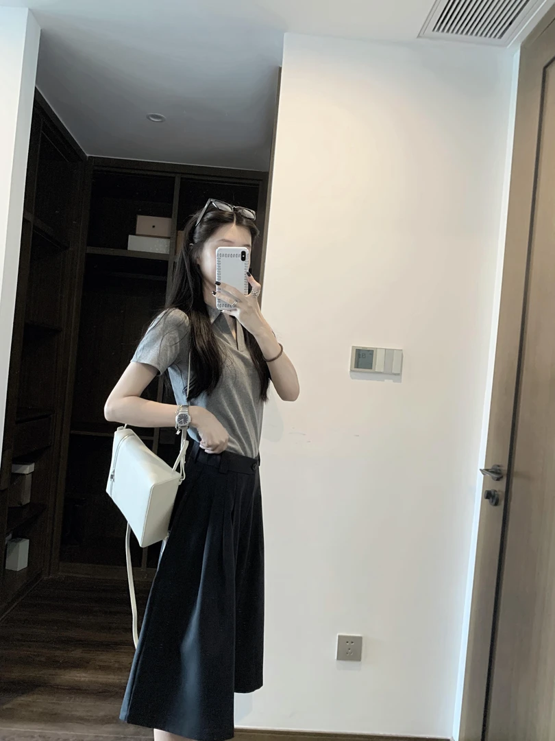 美式复古休闲灰色polo领短袖t恤加绝美半身裙套装女装夏季