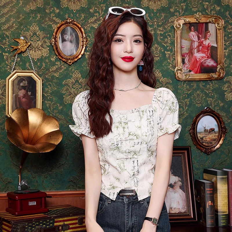 国风盘扣刺绣上衣女夏季新款复古提花短袖衬衫设计感短款雪纺小衫